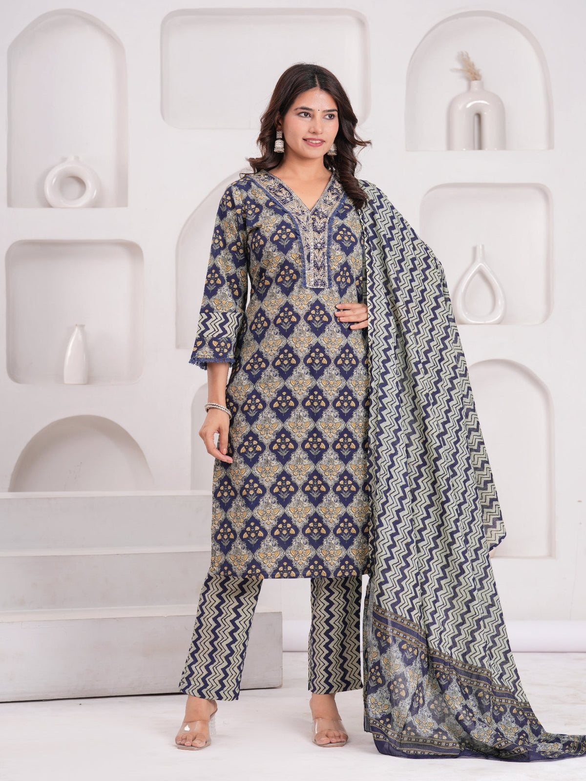 Rangvastra Navy Cotton Printed Kurta Pant Dupatta Set
