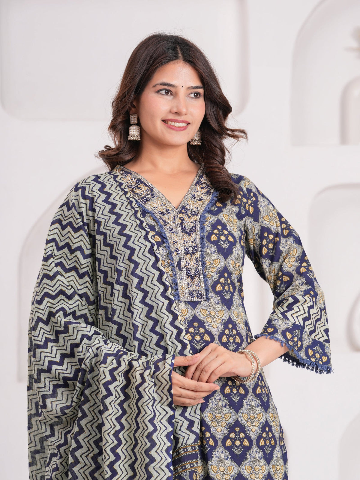 Rangvastra Navy Cotton Printed Kurta Pant Dupatta Set
