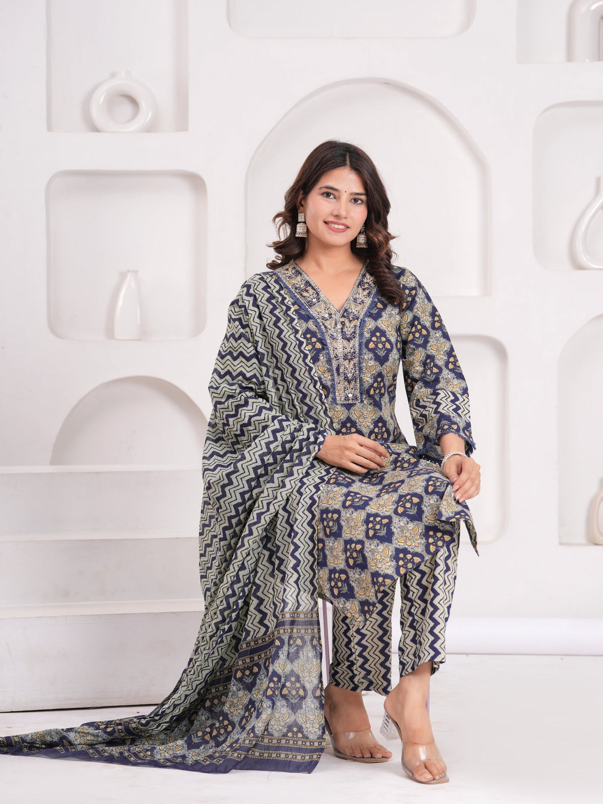 Rangvastra Navy Cotton Printed Kurta Pant Dupatta Set