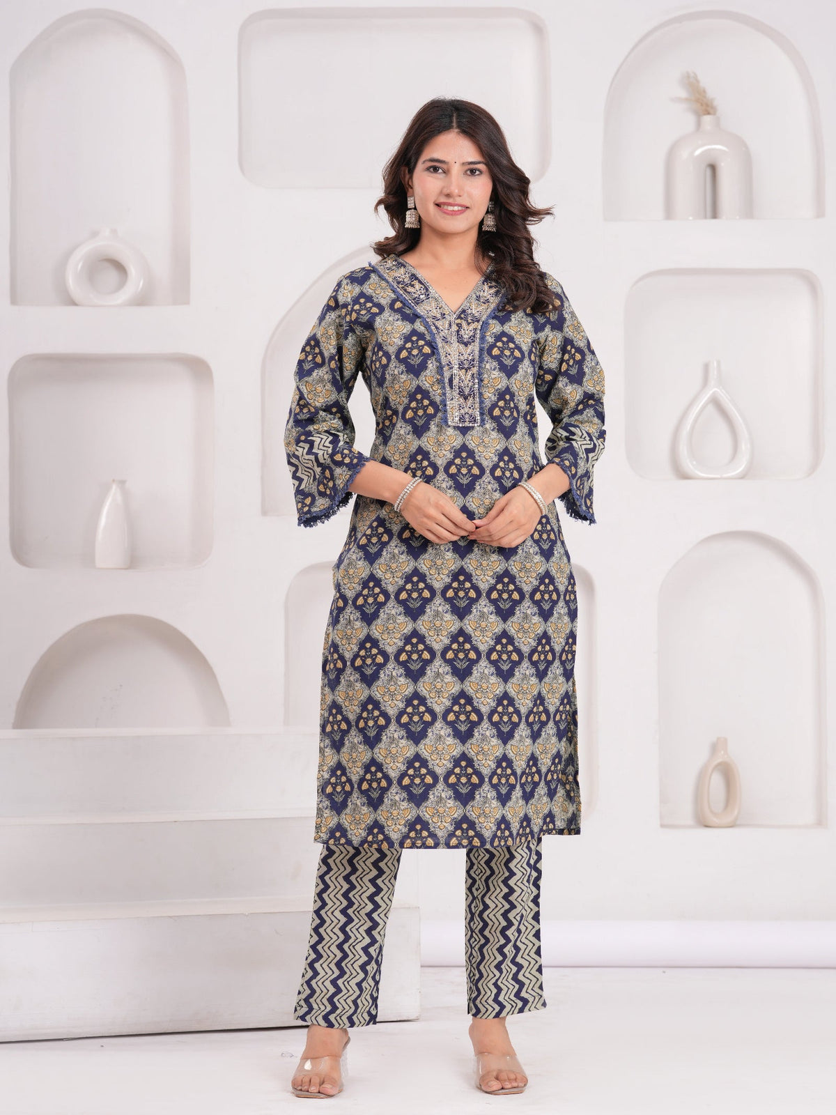 Rangvastra Navy Cotton Printed Kurta Pant Dupatta Set