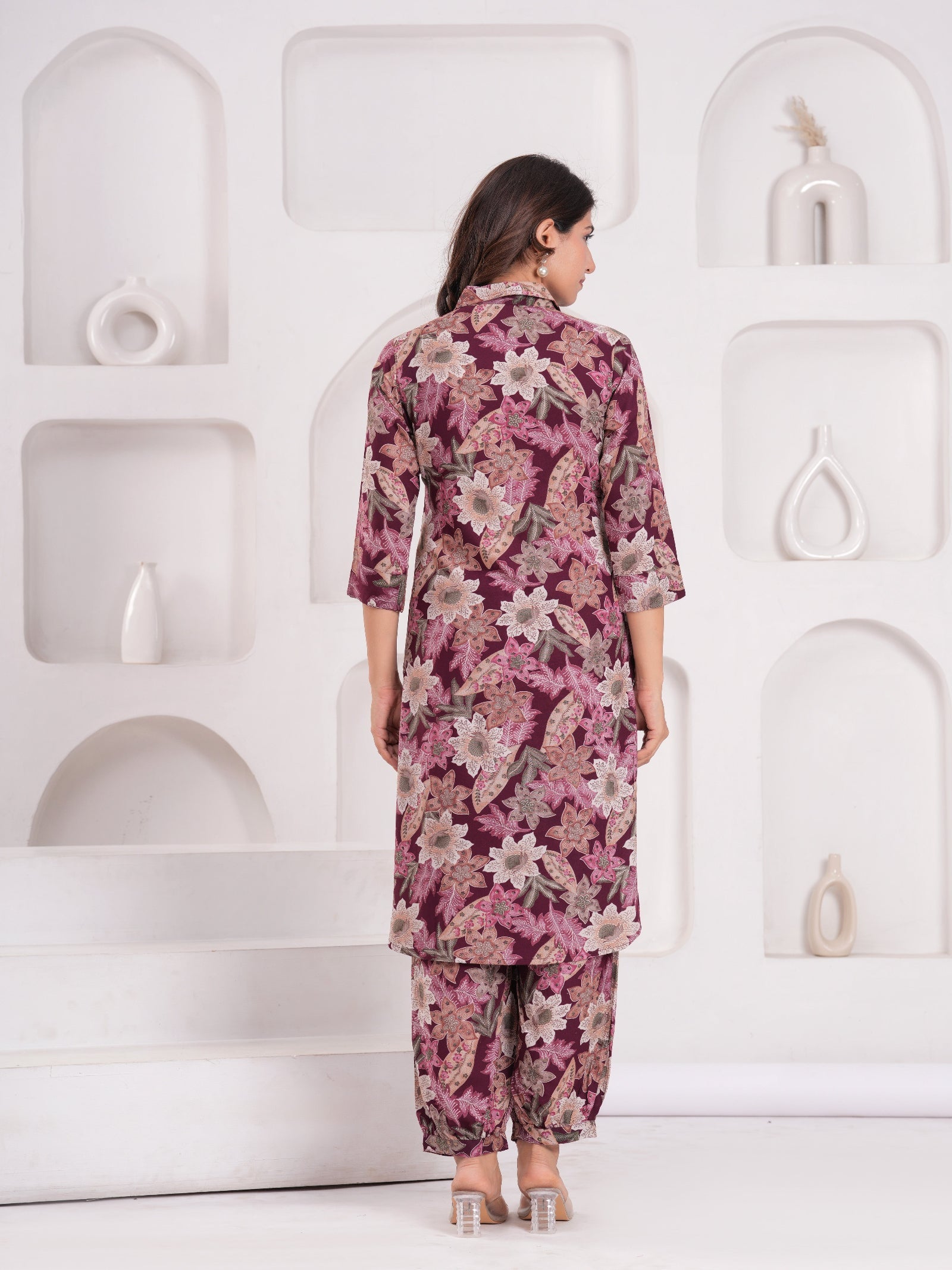Maluka Women Wine Rayon Printed Foil Kurta Pant Set