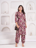 Maluka Women Wine Rayon Printed Foil Kurta Pant Set