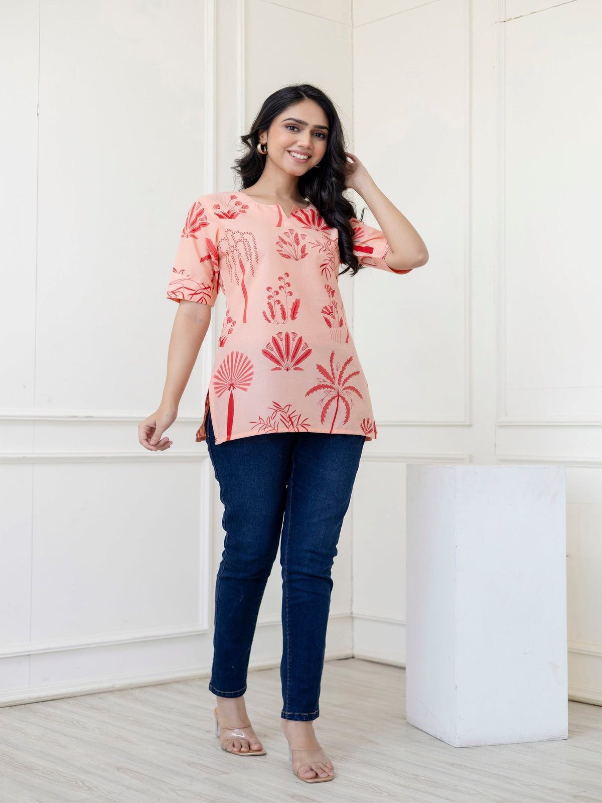 Rangvastra Peach Cotton Printed Top