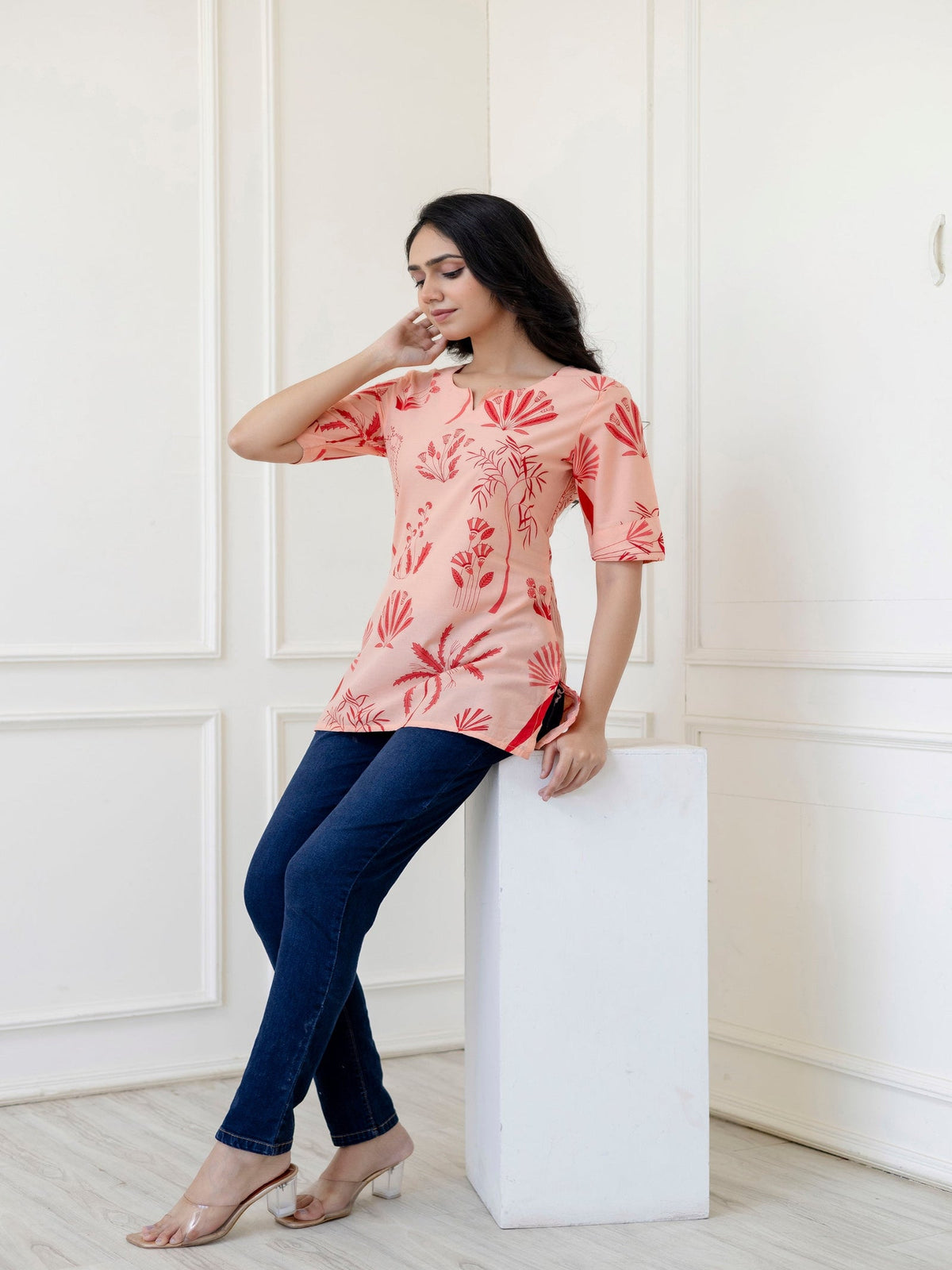 Rangvastra Peach Cotton Printed Top