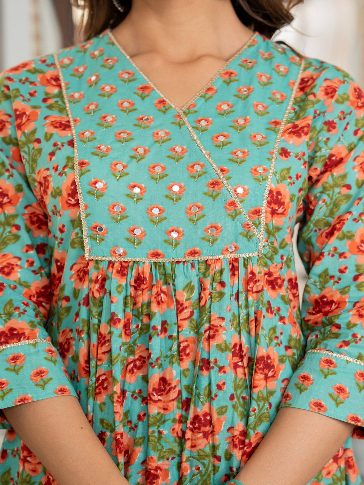 Rangvastra Green Cotton Floral Printed Kurta Pant Dupatta Set