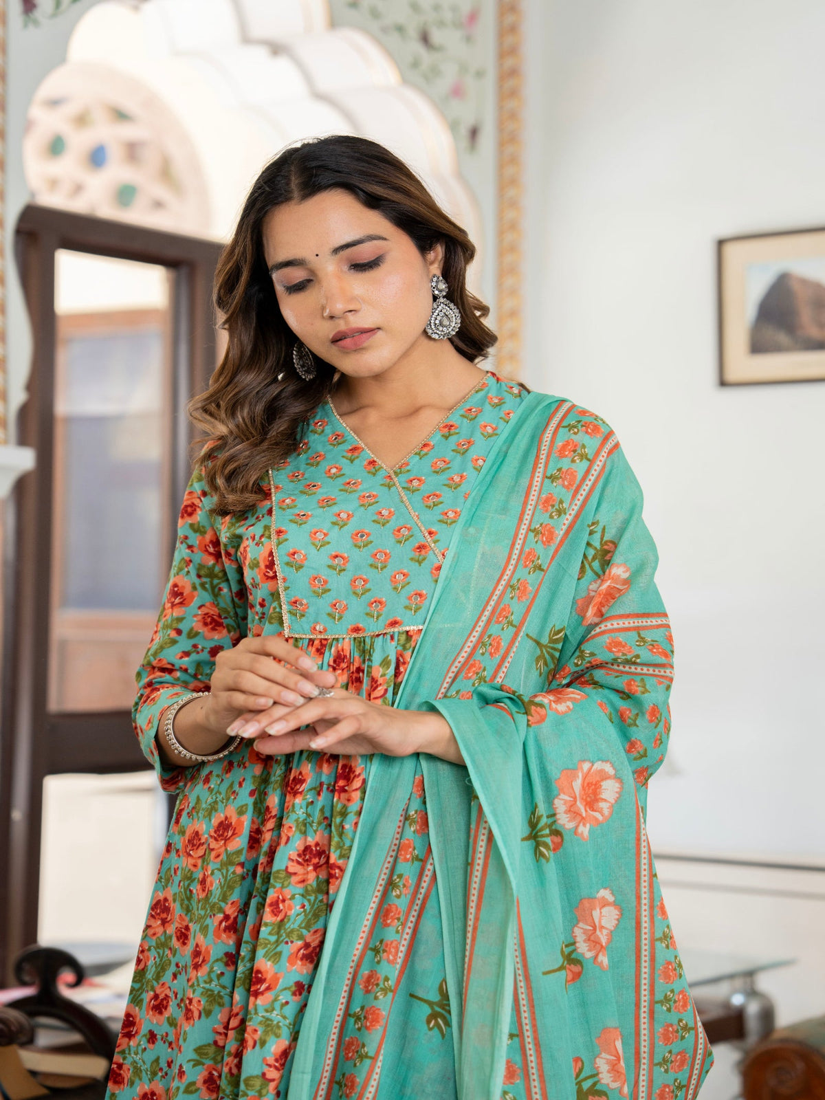 Rangvastra Green Cotton Floral Printed Kurta Pant Dupatta Set