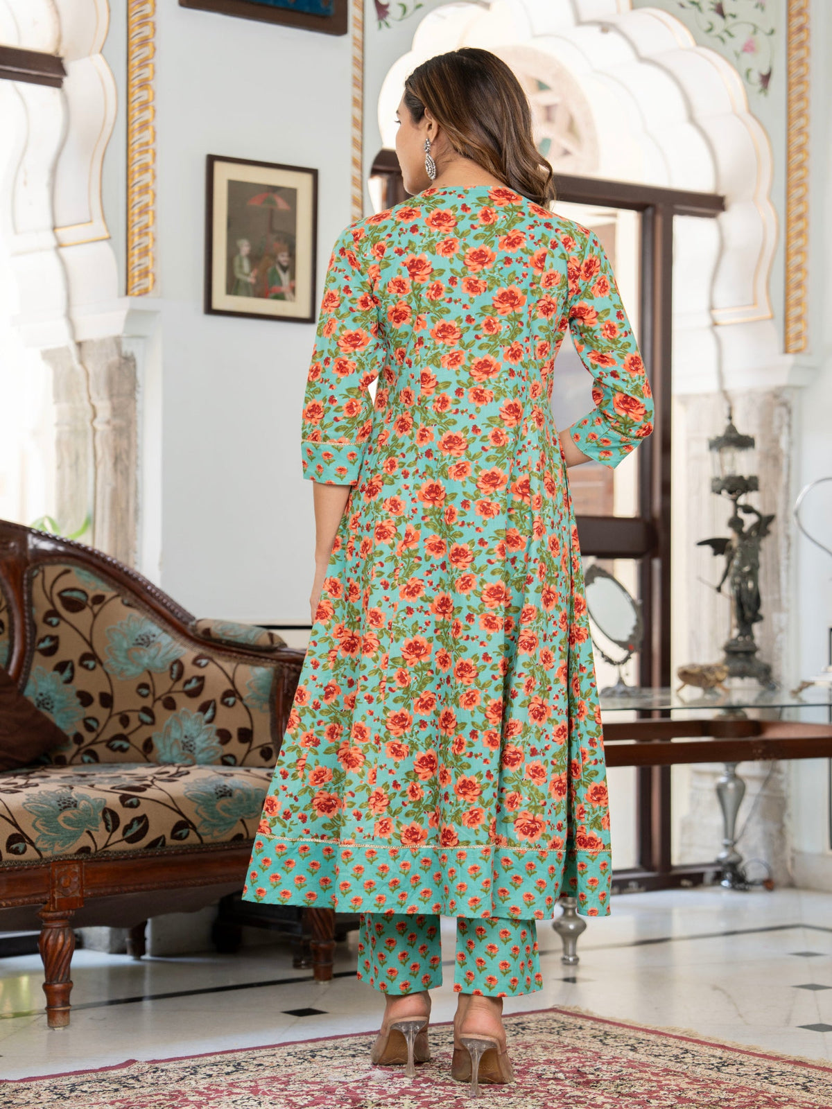 Rangvastra Green Cotton Floral Printed Kurta Pant Dupatta Set