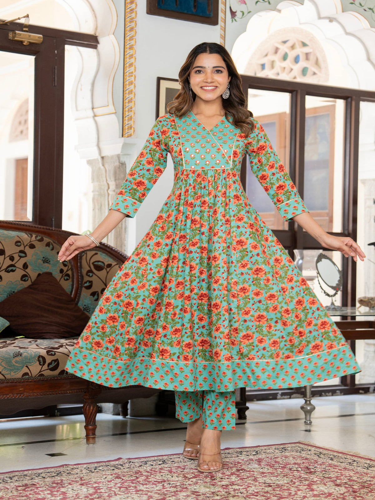 Rangvastra Green Cotton Floral Printed Kurta Pant Dupatta Set