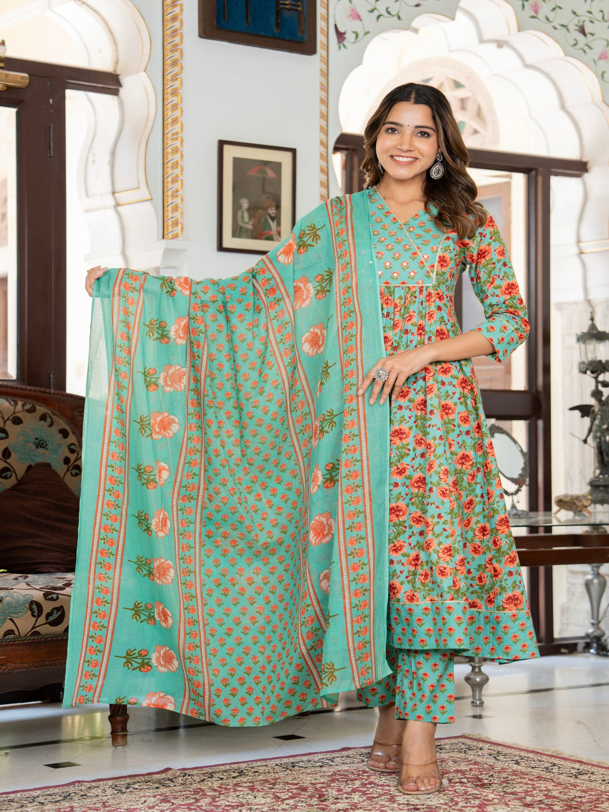 Rangvastra Green Cotton Floral Printed Kurta Pant Dupatta Set