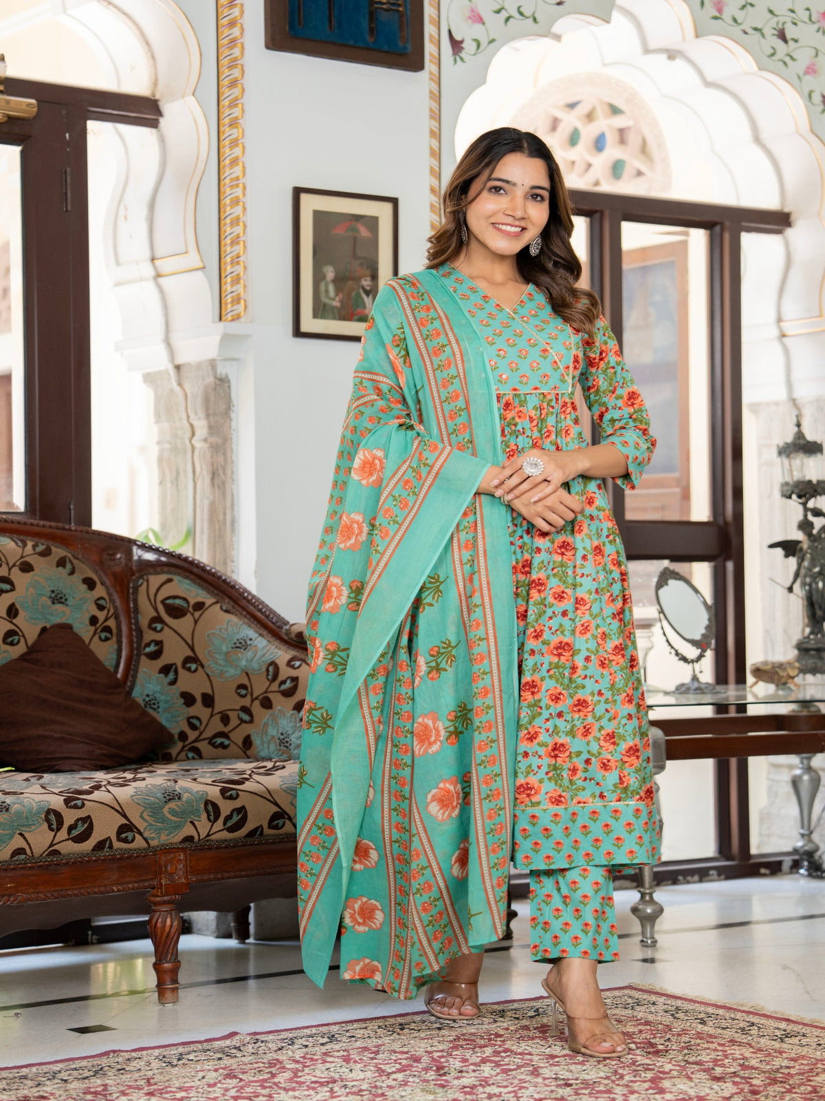 Rangvastra Green Cotton Floral Printed Kurta Pant Dupatta Set