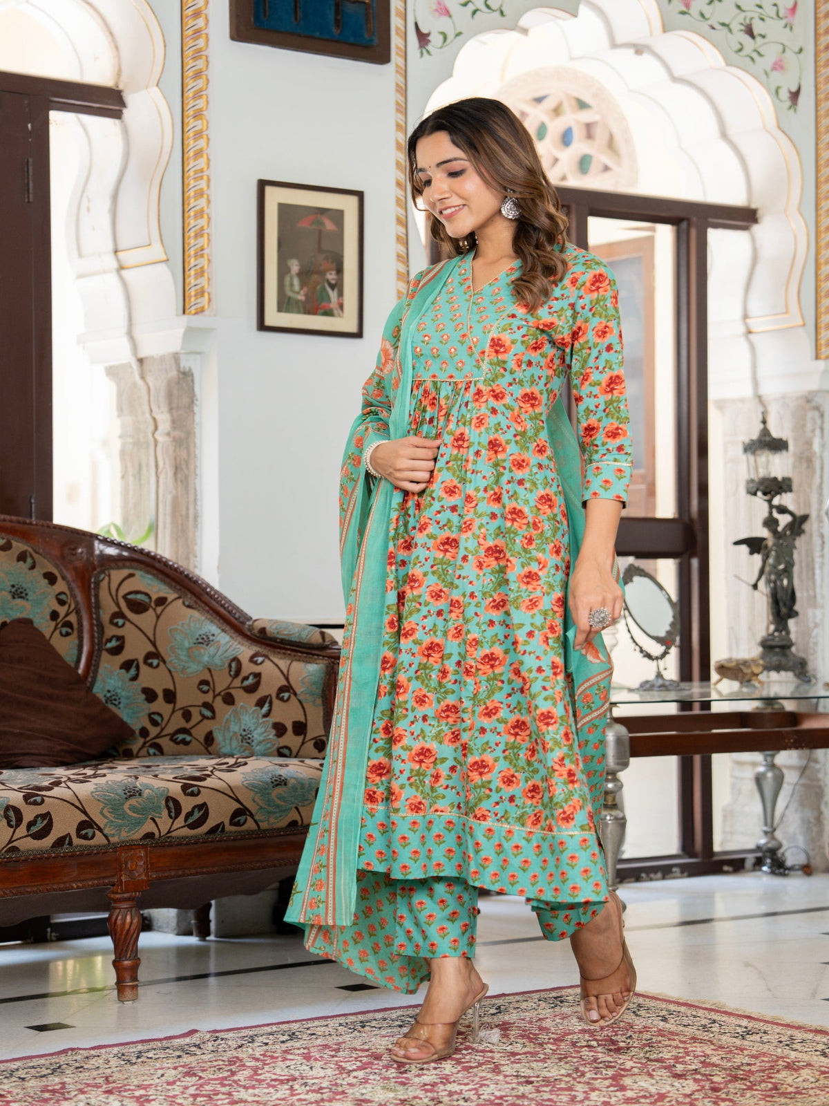 Rangvastra Green Cotton Floral Printed Kurta Pant Dupatta Set