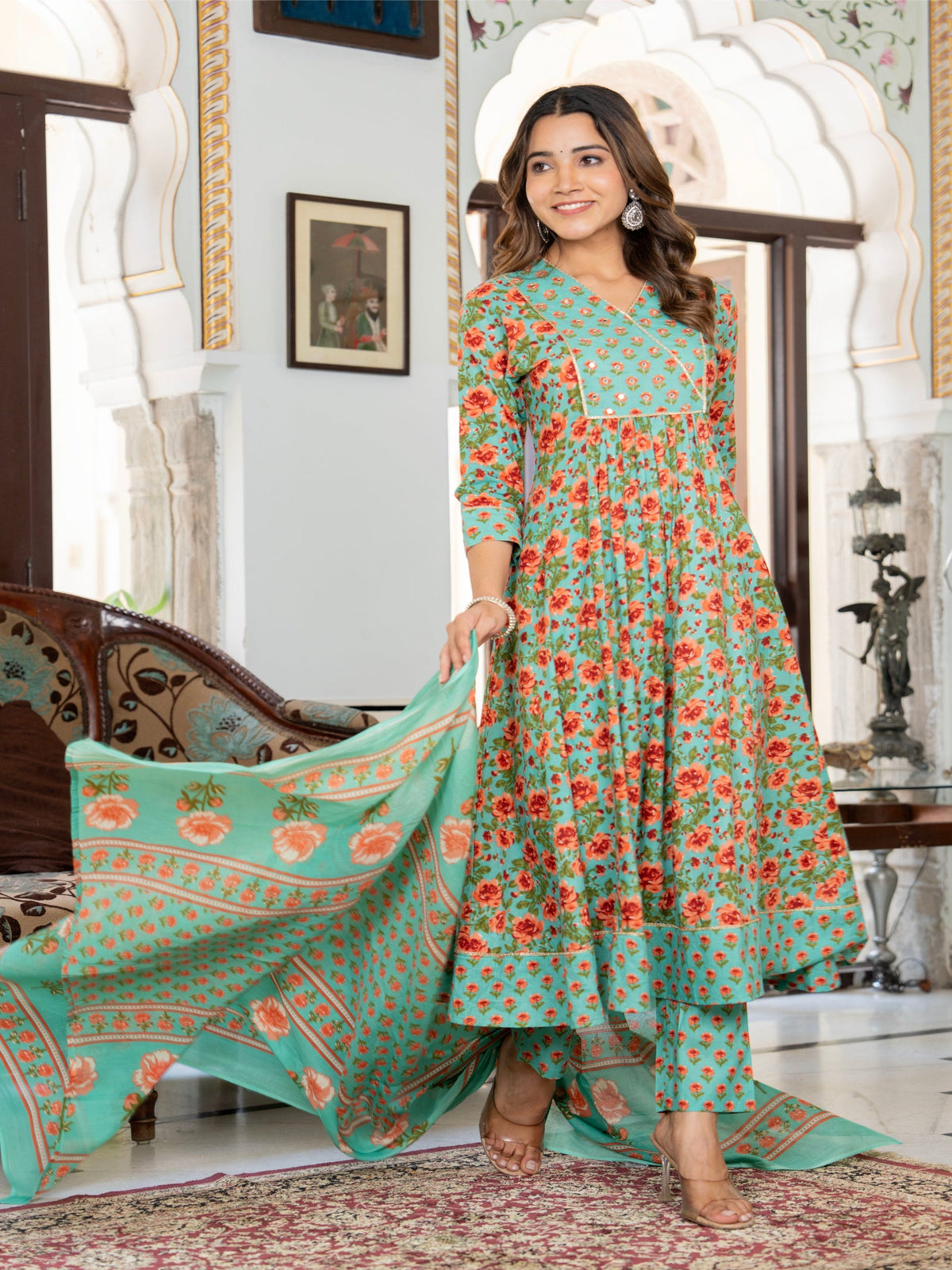 Rangvastra Green Cotton Floral Printed Kurta Pant Dupatta Set