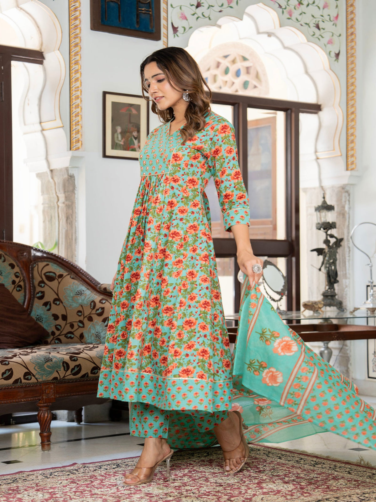 Rangvastra Green Cotton Floral Printed Kurta Pant Dupatta Set