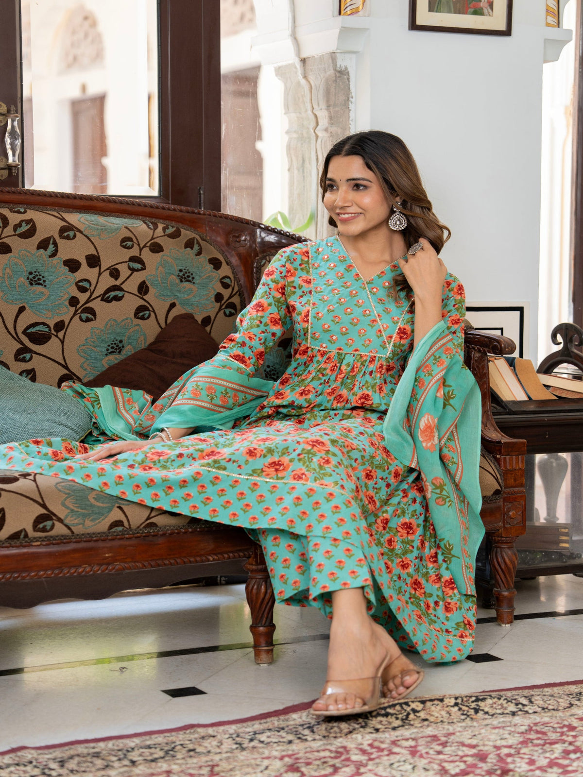 Rangvastra Green Cotton Floral Printed Kurta Pant Dupatta Set