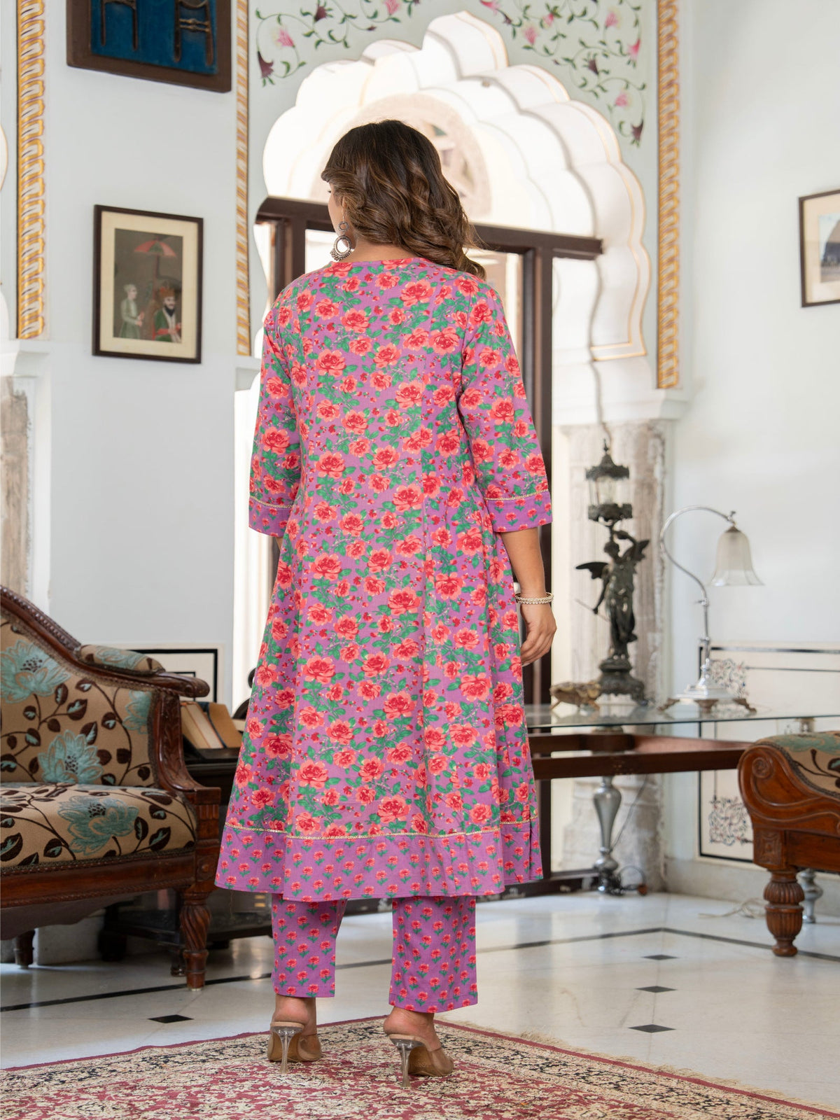 Rangvastra  Purple Cotton Floral Printed Kurta Pant Dupatta Set
