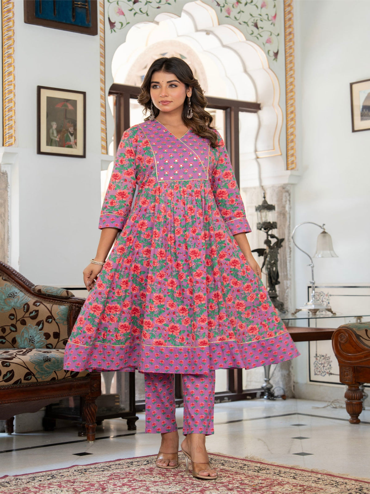 Rangvastra  Purple Cotton Floral Printed Kurta Pant Dupatta Set