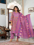 Rangvastra  Purple Cotton Floral Printed Kurta Pant Dupatta Set