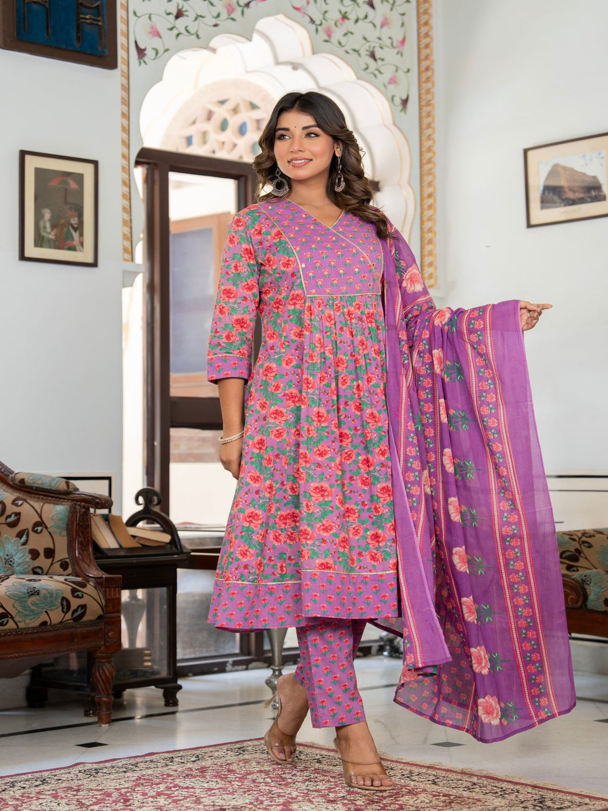 Rangvastra  Purple Cotton Floral Printed Kurta Pant Dupatta Set