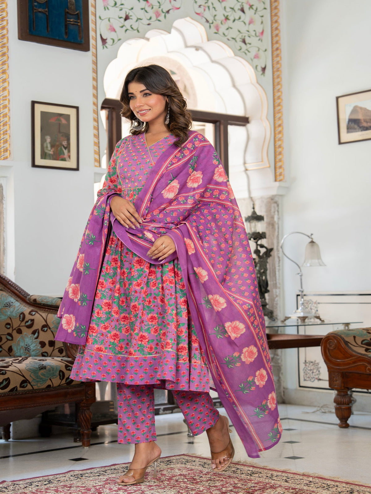 Rangvastra  Purple Cotton Floral Printed Kurta Pant Dupatta Set