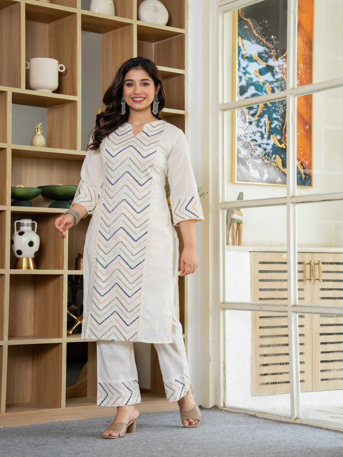 Rangvastra  Mix. Blue Emb. White Cotton Kurta Pant Dupatta Set