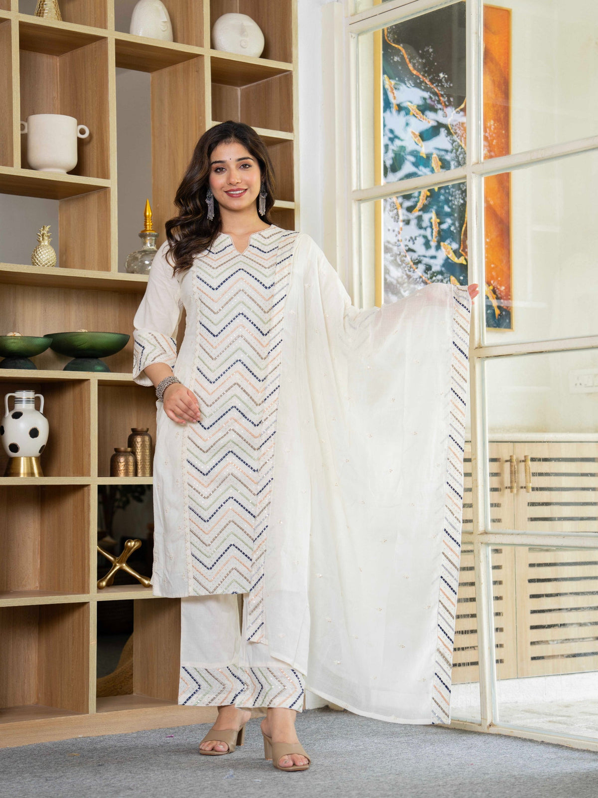 Rangvastra  Mix. Blue Emb. White Cotton Kurta Pant Dupatta Set