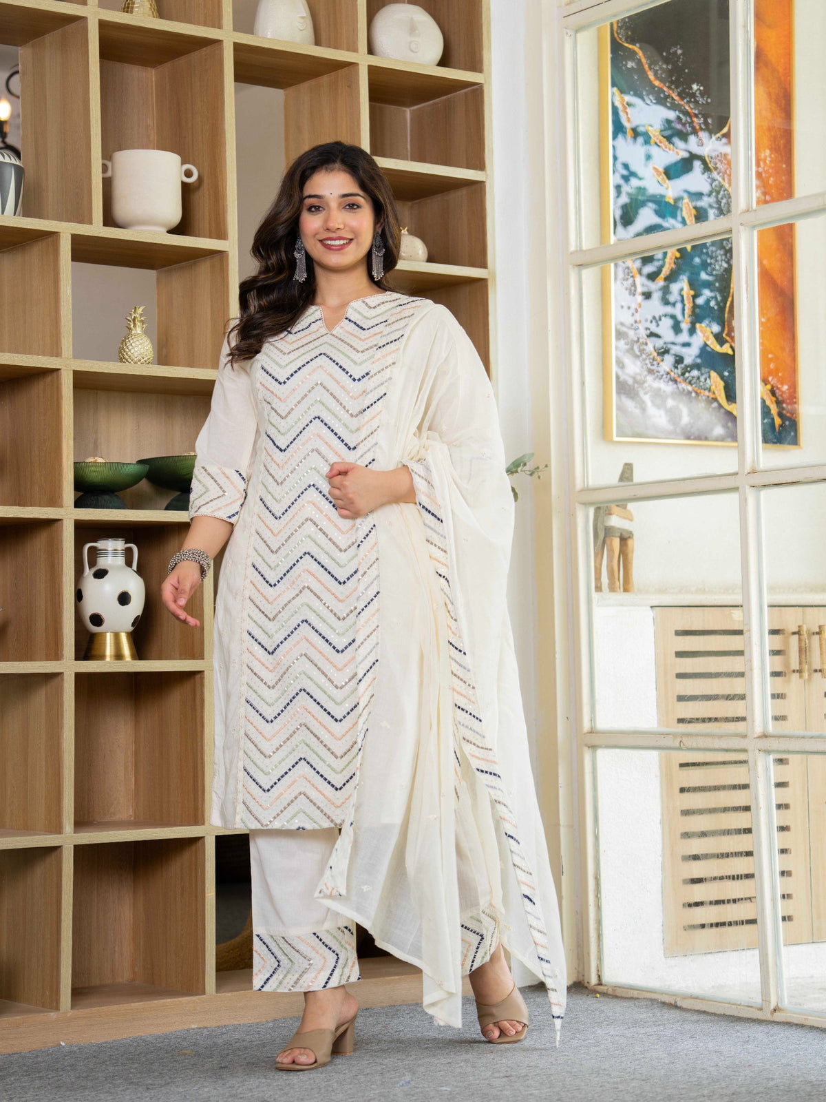 Rangvastra  Mix. Blue Emb. White Cotton Kurta Pant Dupatta Set