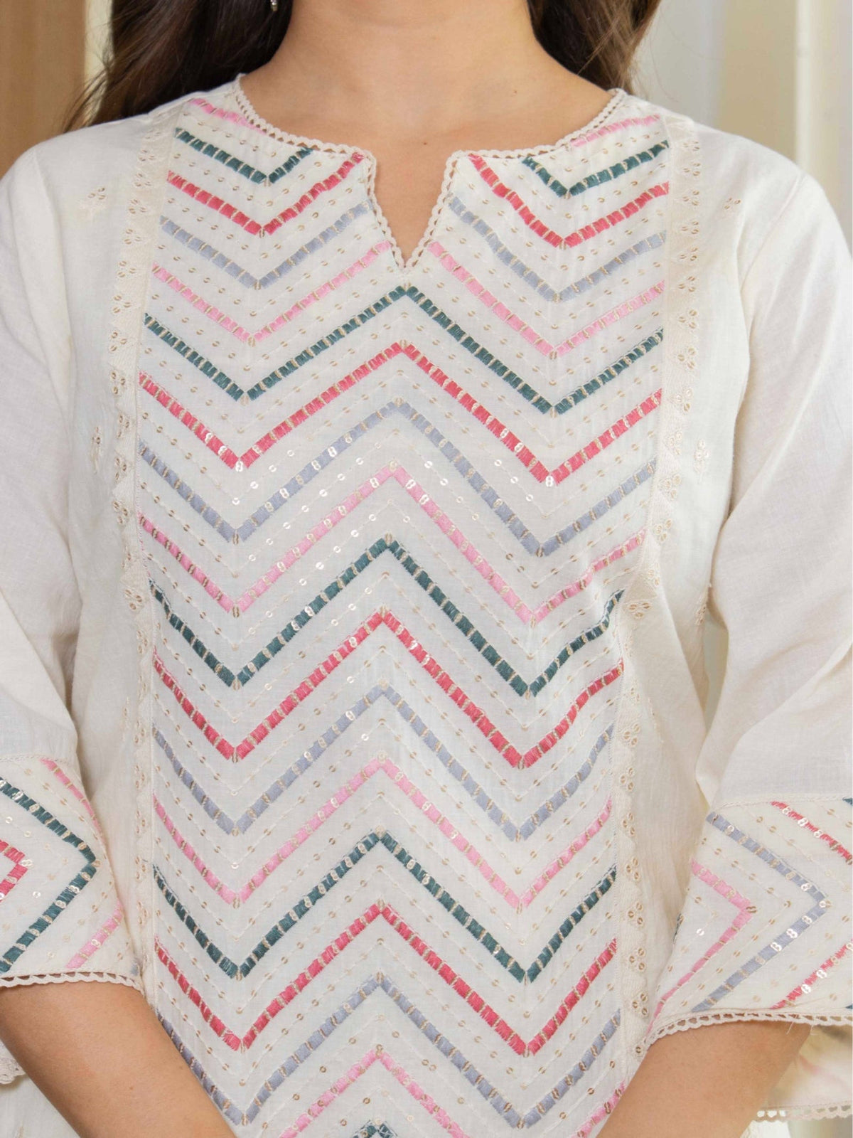 Rangvastra  Mix. Pink Emb. White Cotton Kurta Pant Dupatta Set