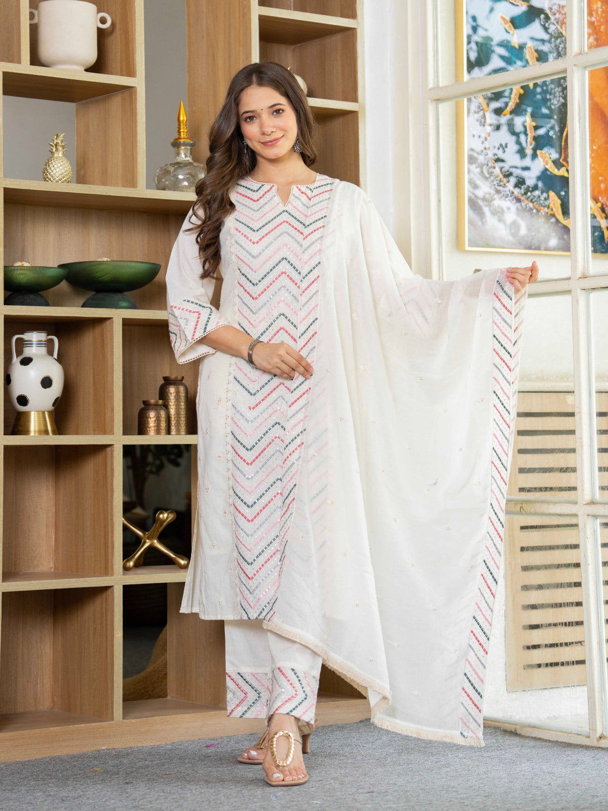 Rangvastra  Mix. Pink Emb. White Cotton Kurta Pant Dupatta Set
