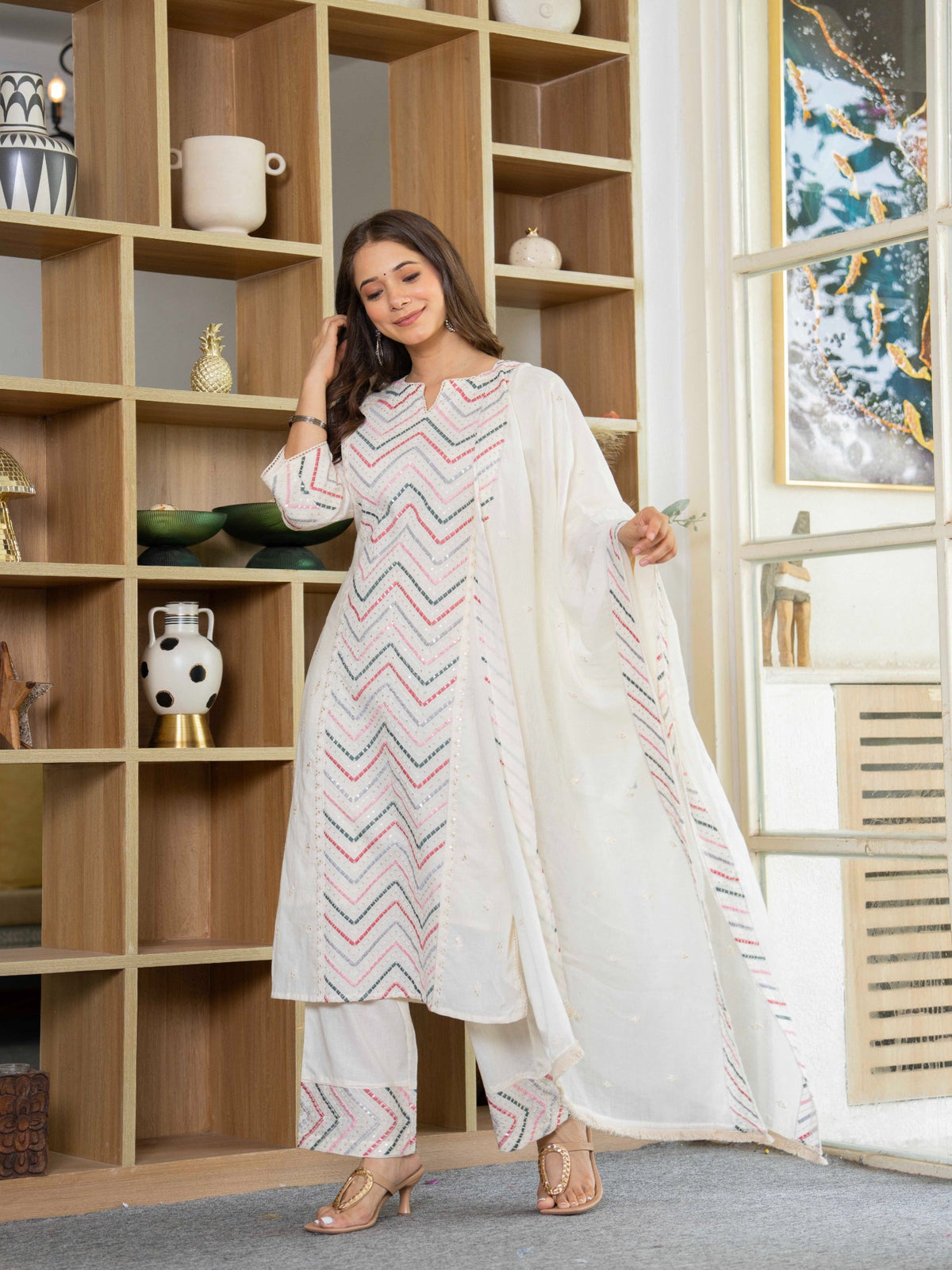 Rangvastra  Mix. Pink Emb. White Cotton Kurta Pant Dupatta Set