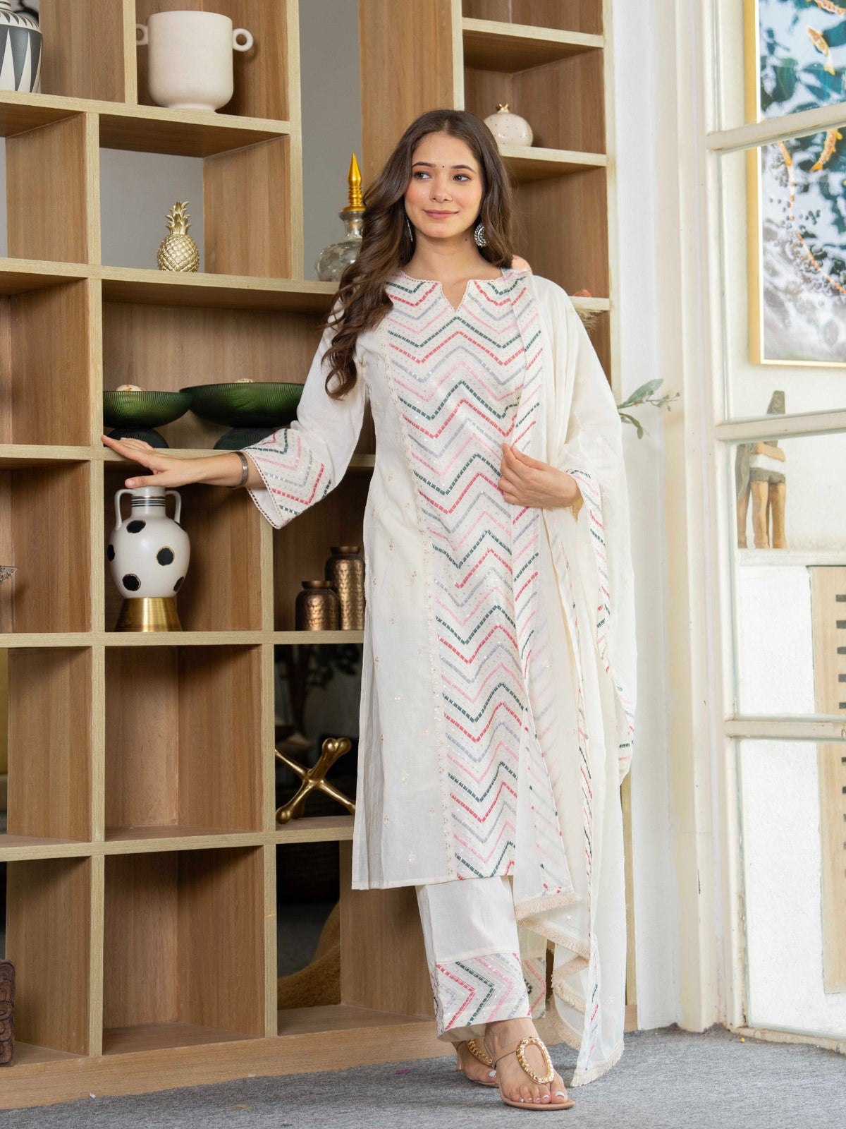 Rangvastra  Mix. Pink Emb. White Cotton Kurta Pant Dupatta Set