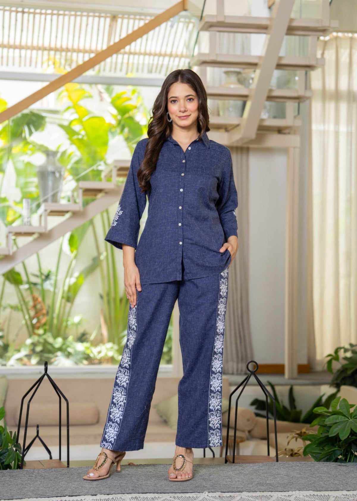 Rangvastra Blue Cotton Linen Flex Emb. Co-Ord Set