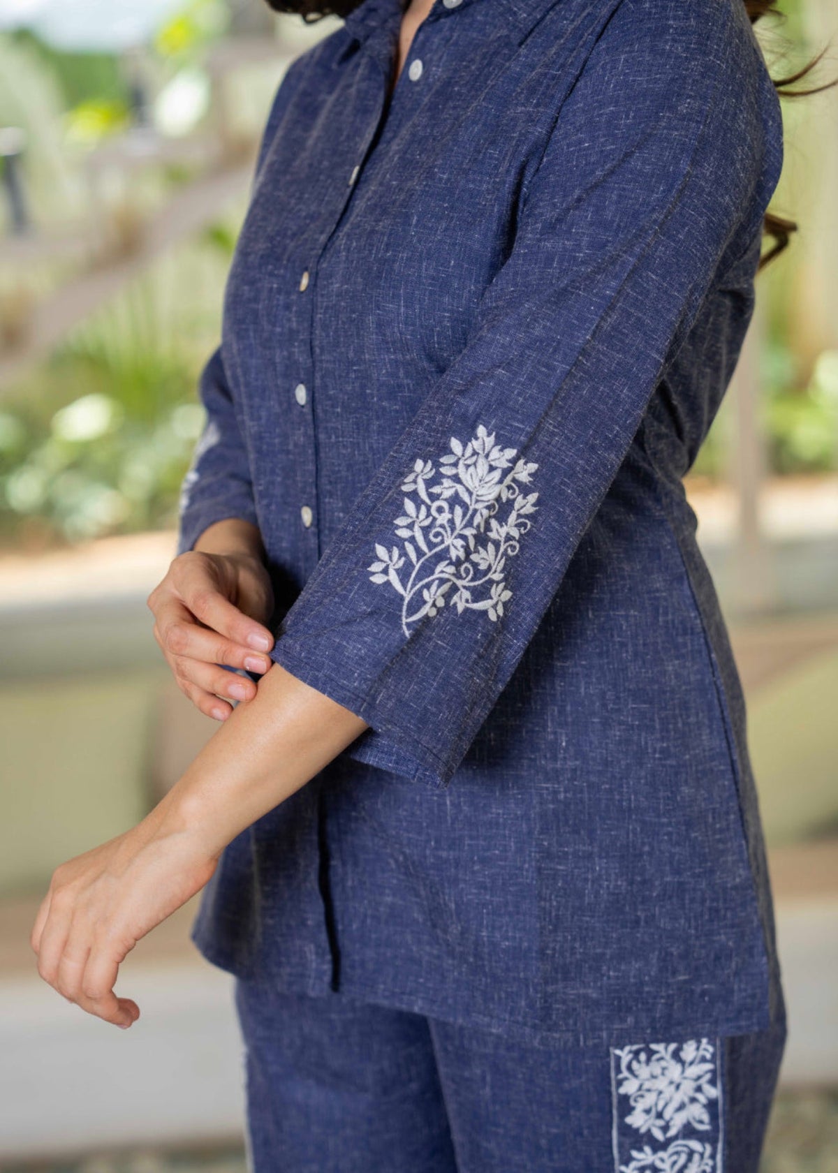 Rangvastra Blue Cotton Linen Flex Emb. Co-Ord Set