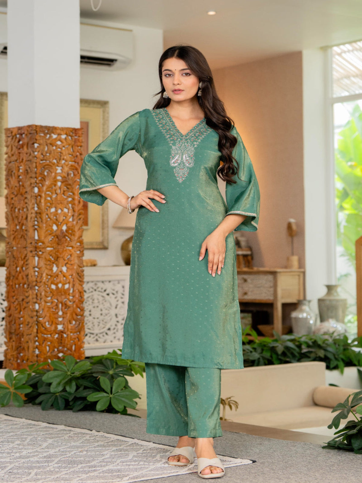 Rangvastra Green Modal Chanderi Kurta Pant Duptta Set