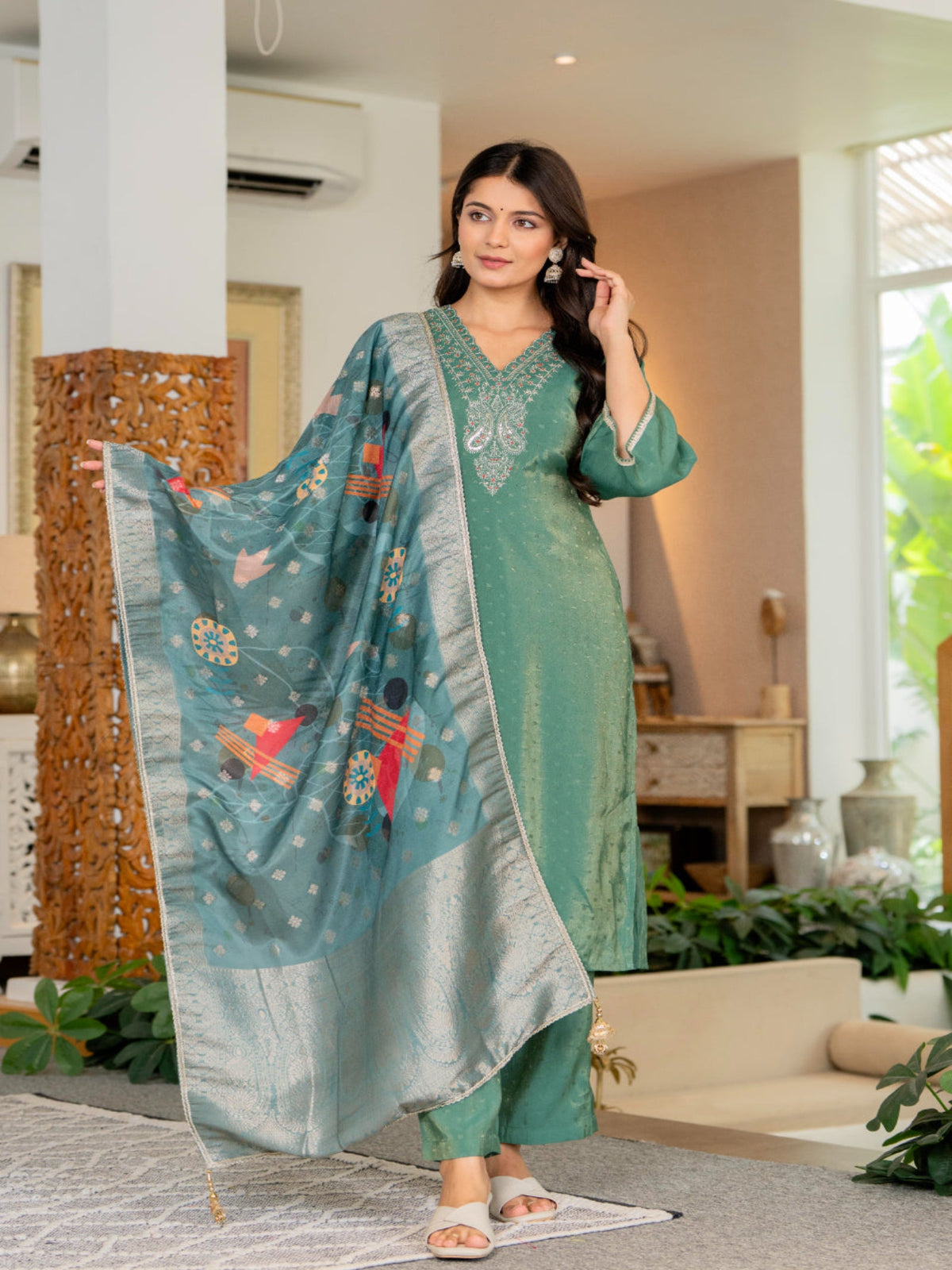 Rangvastra Green Modal Chanderi Kurta Pant Duptta Set