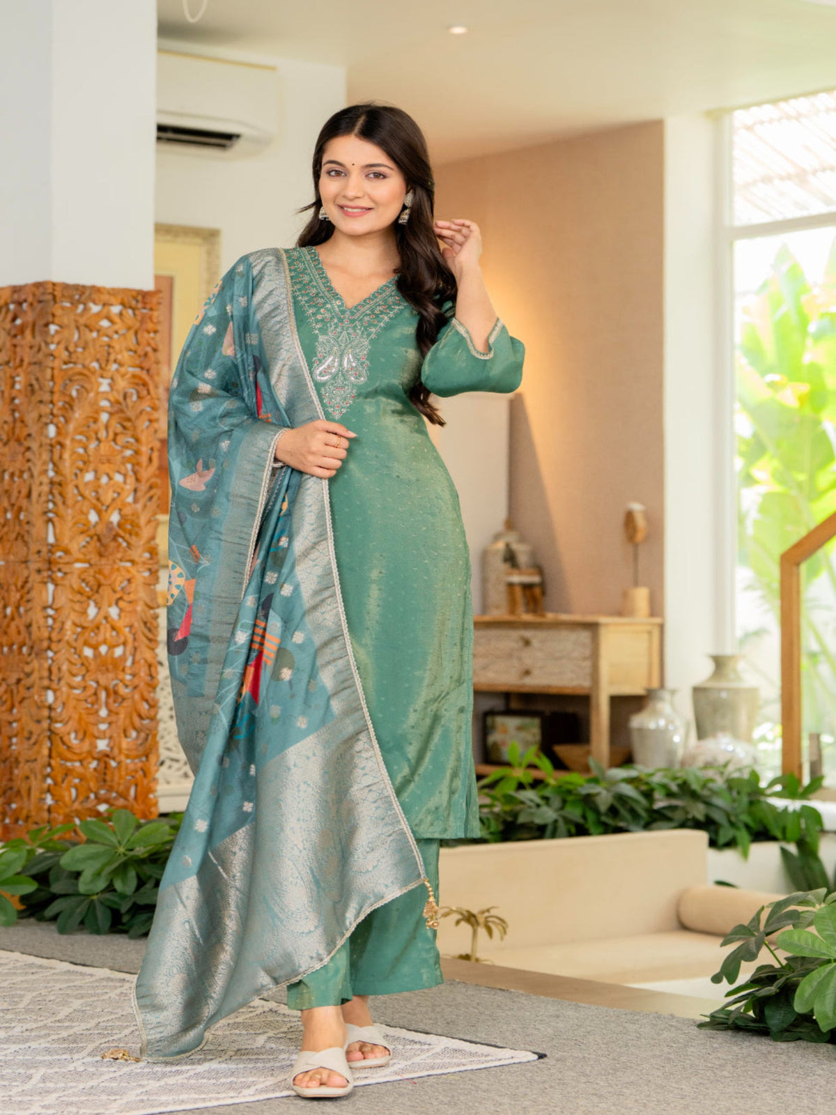 Rangvastra Green Modal Chanderi Kurta Pant Duptta Set
