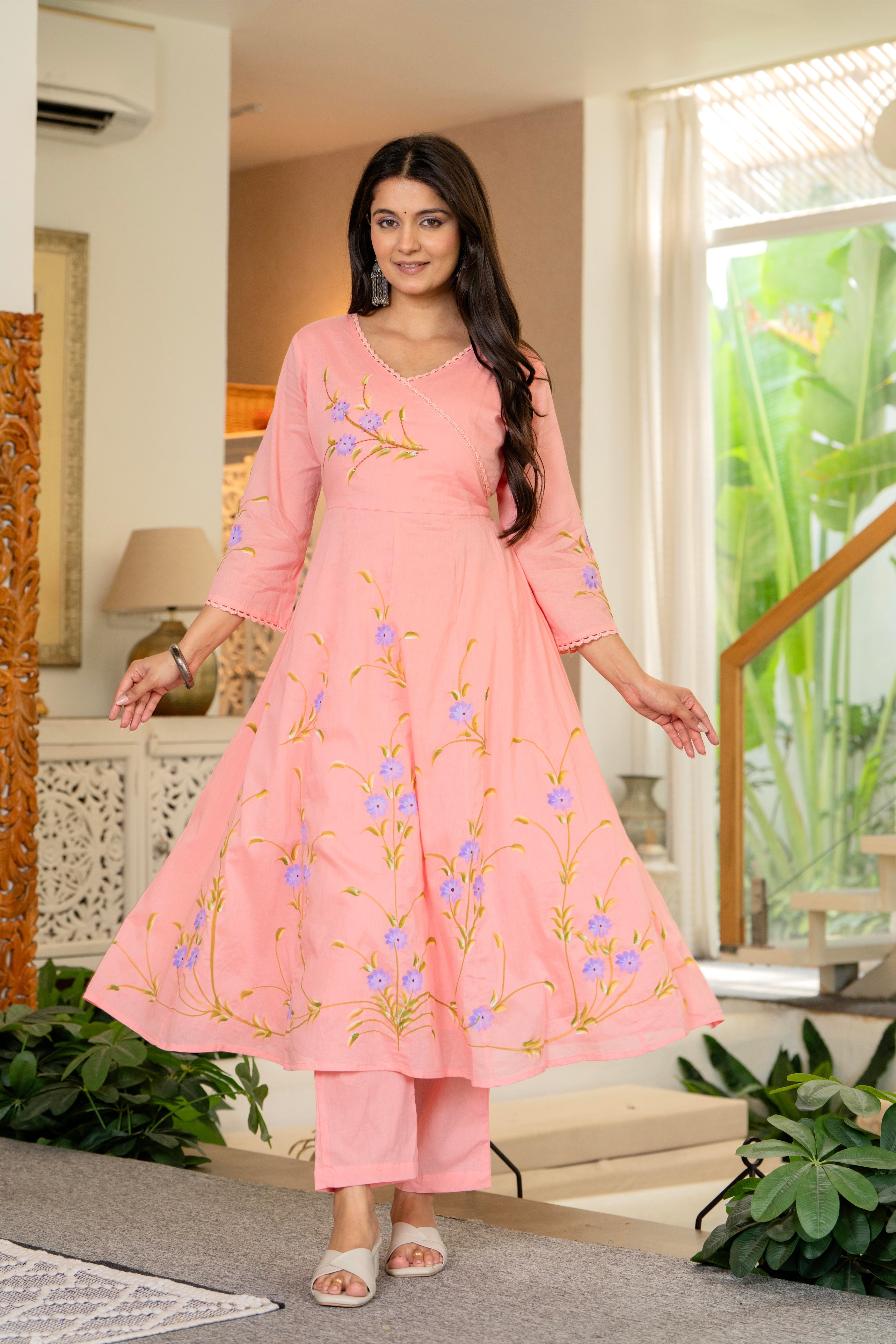 Maluka Women Cotton Peach Kurta Pant Duptta Set