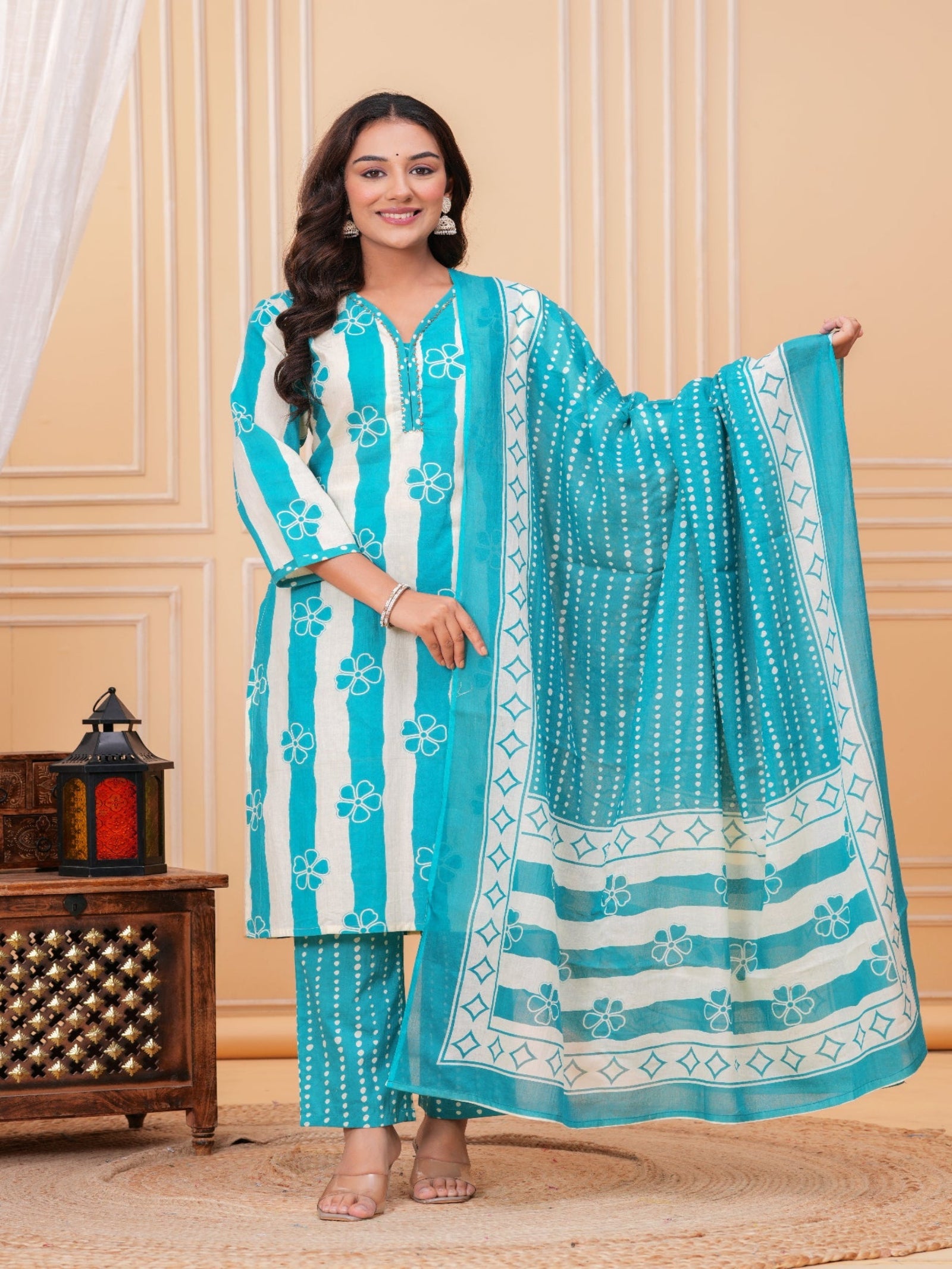 Maluka Women Cotton Floral Printed Kurta Pant Duptta Set