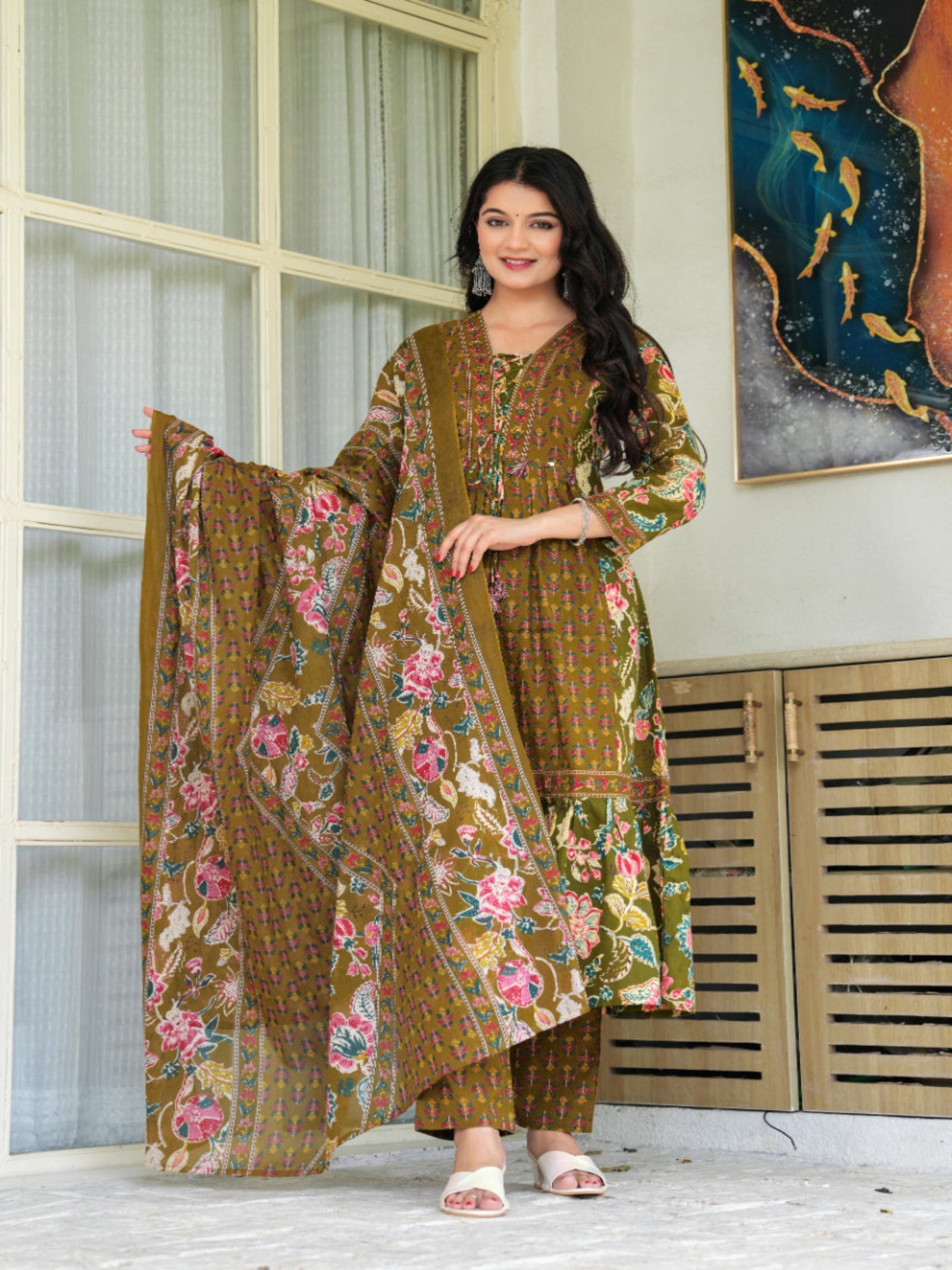 Maluka Women Mehndi Cotton Kurta Pant Duptta Set
