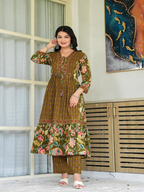 Rangvastra  Mehndi Cotton Kurta Pant Duptta Set