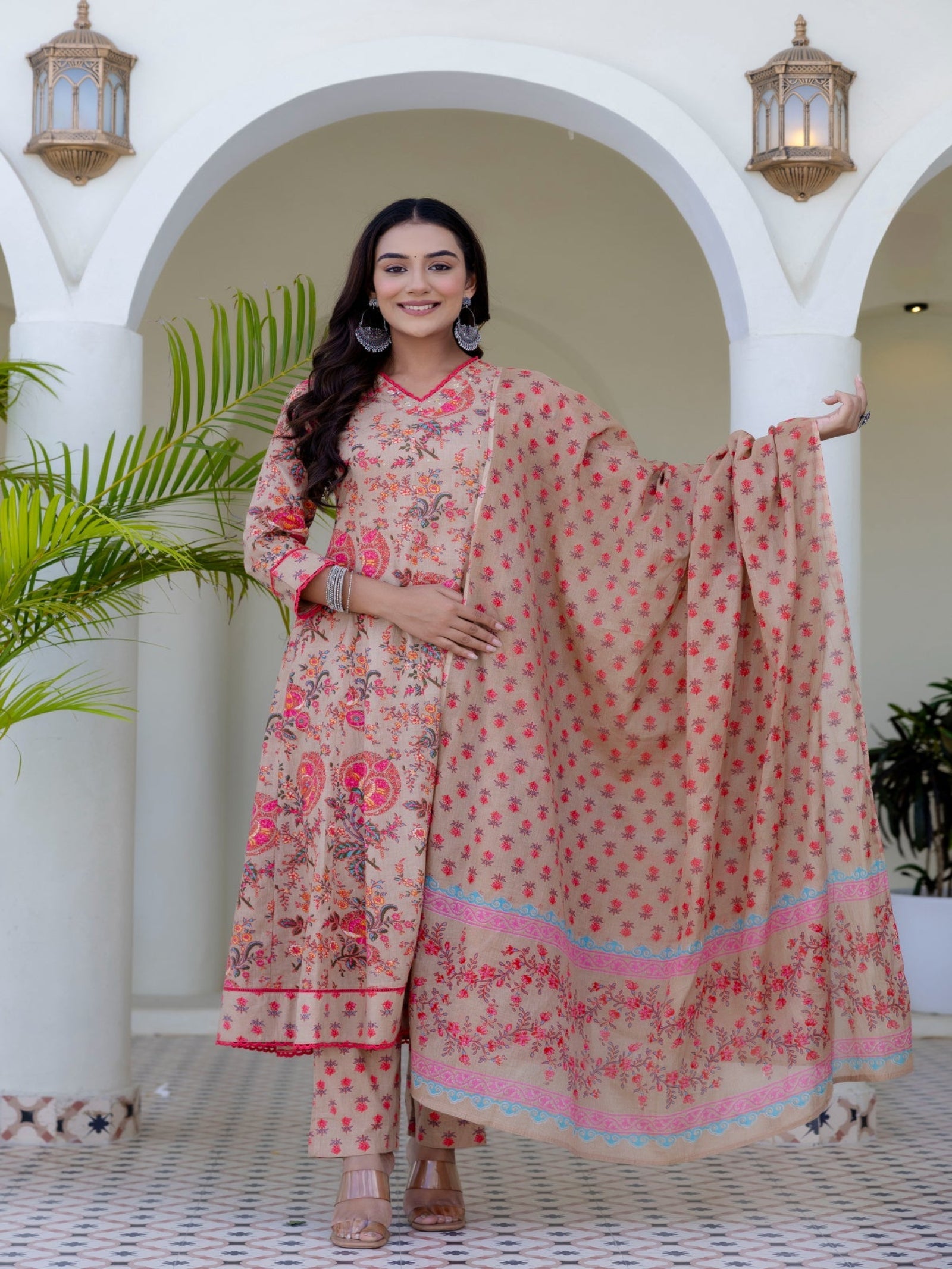 Maluka Women Brown Cotton Kurta Pant Duptta Set