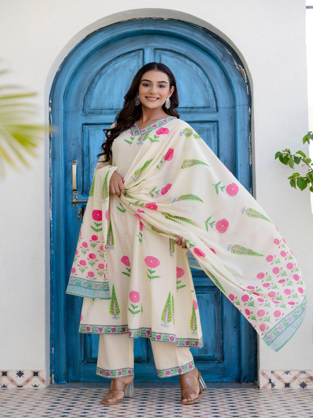 Rangvastra  Off White Cotton Kurta Pant Duptta Set