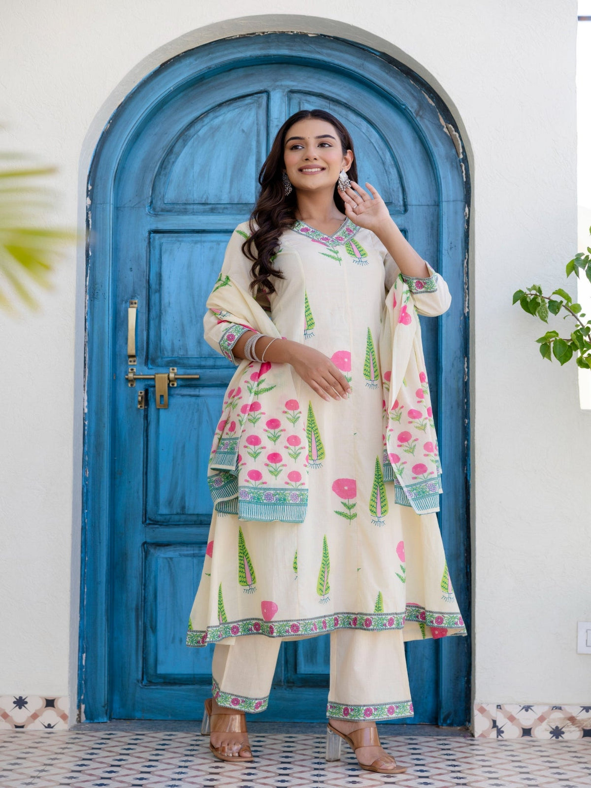 Rangvastra  Off White Cotton Kurta Pant Duptta Set