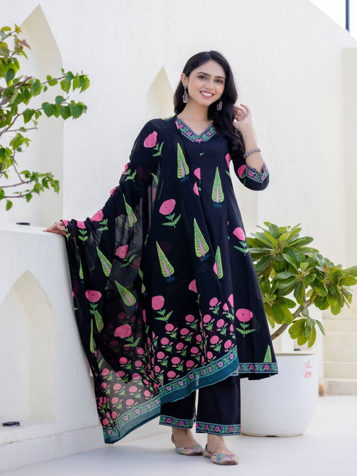 Rangvastra Black Cotton Kurta Pant Duptta Set
