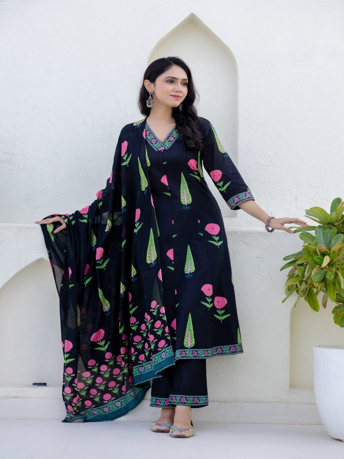 Rangvastra Black Cotton Kurta Pant Duptta Set