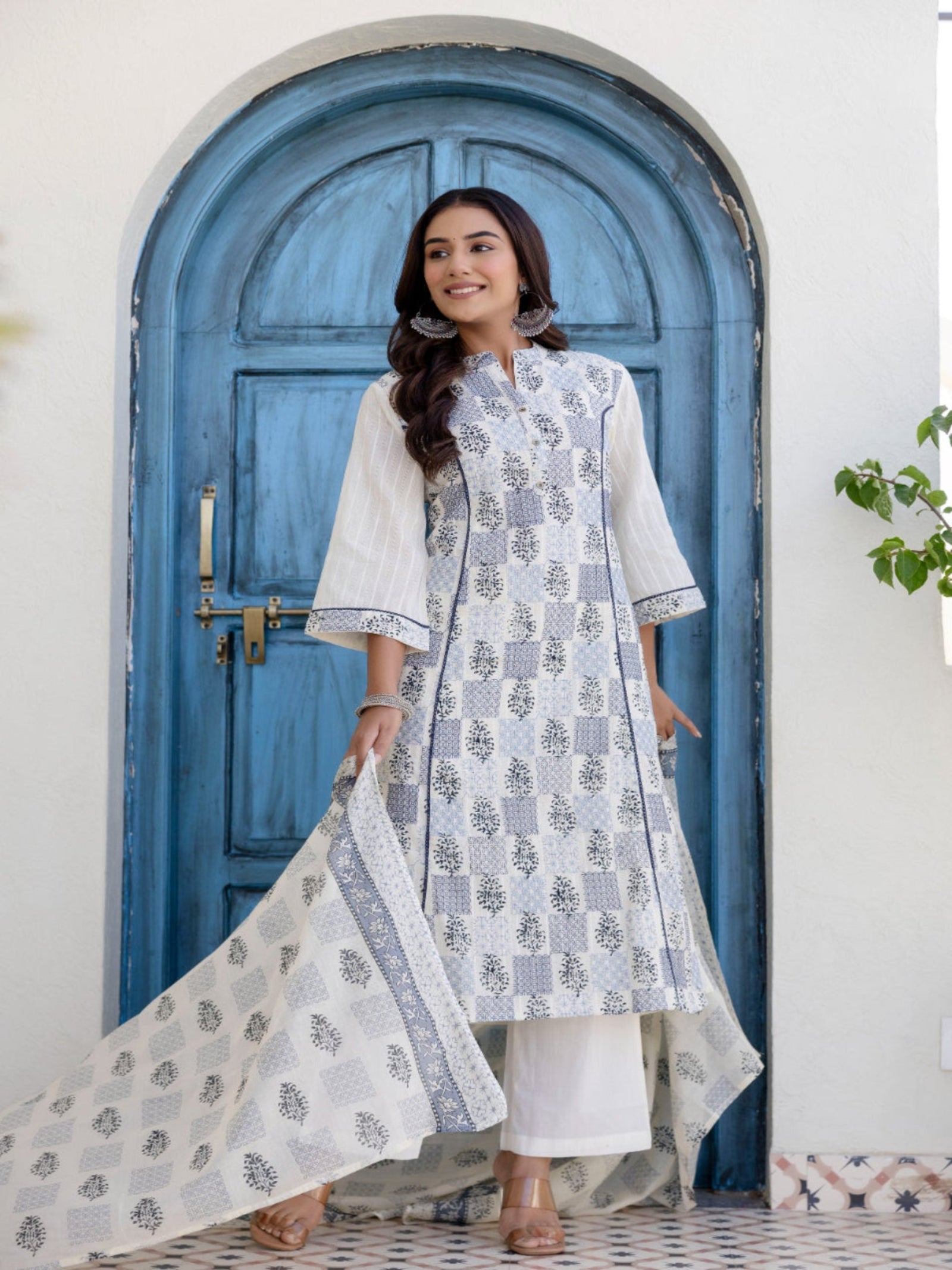 Maluka Women Light Blue Cotton Emb. Kurta Pant Duptta Set