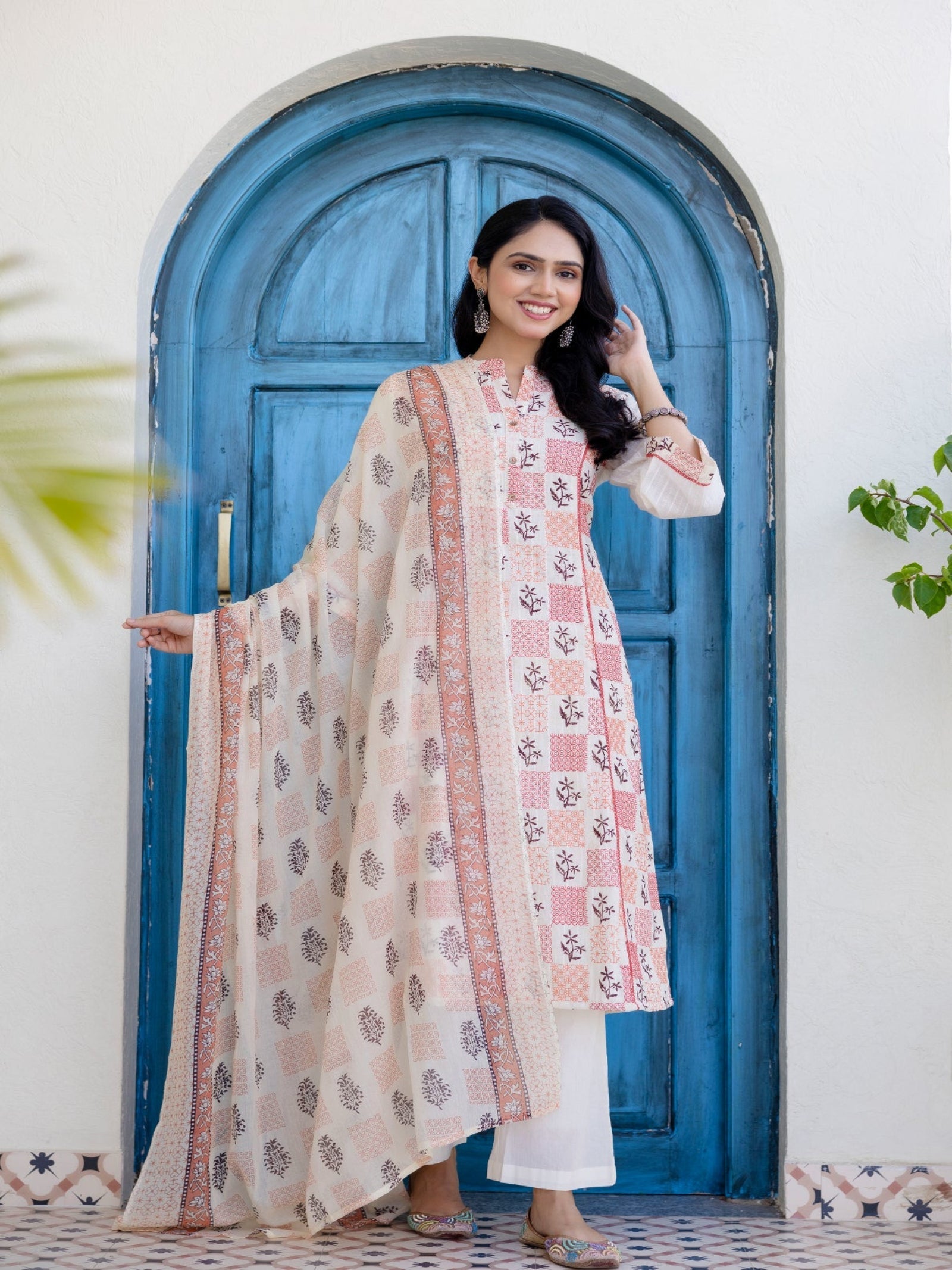 Maluka Women Red Cotton Emb. Kurta Pant Duptta Set