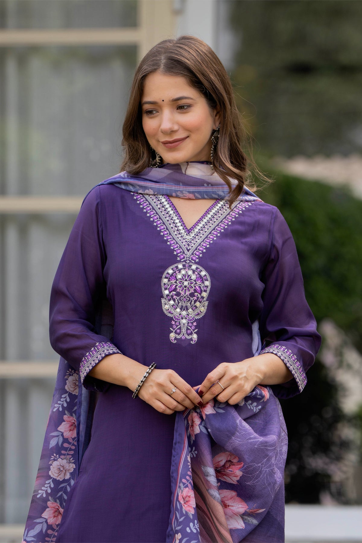 Rangvastra Mal Chanderi Purple Kurta Pant Dupatta Set