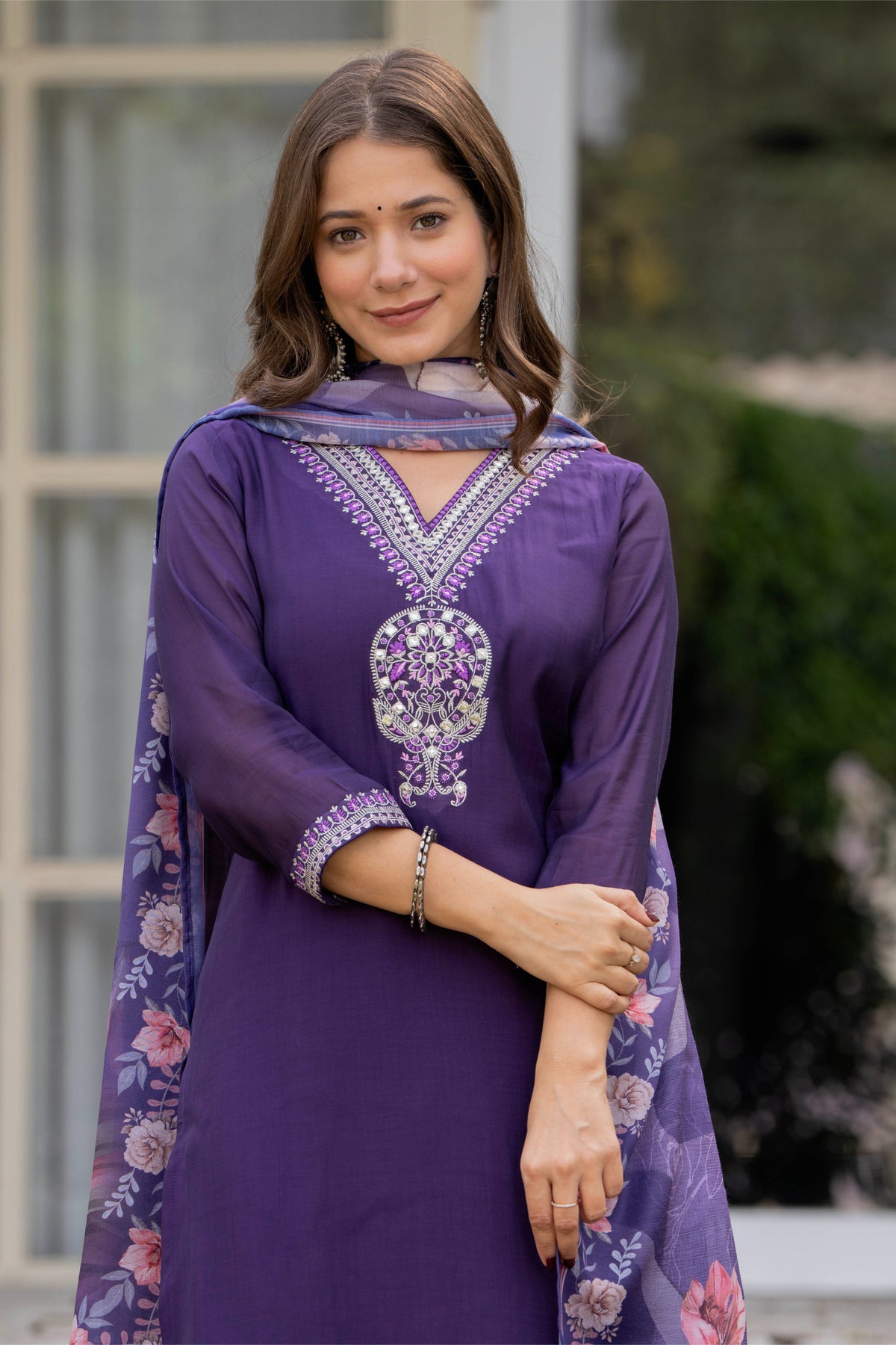 Rangvastra Mal Chanderi Purple Kurta Pant Dupatta Set