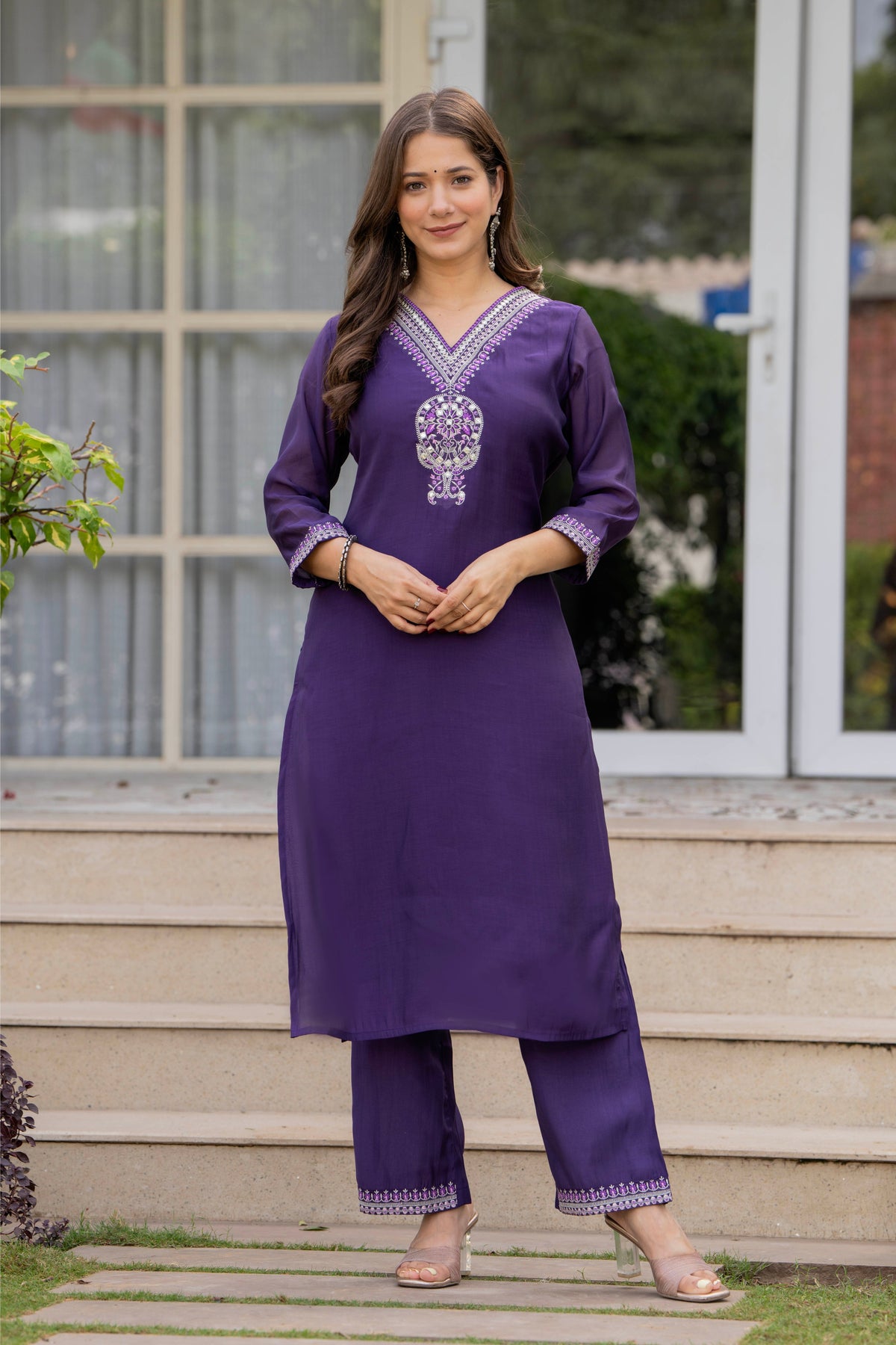 Rangvastra Mal Chanderi Purple Kurta Pant Dupatta Set