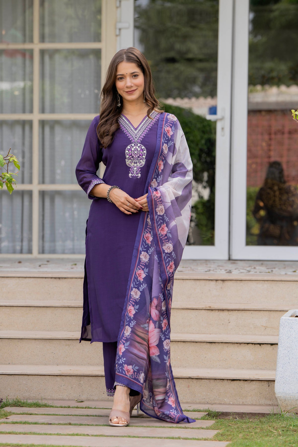 Rangvastra Mal Chanderi Purple Kurta Pant Dupatta Set